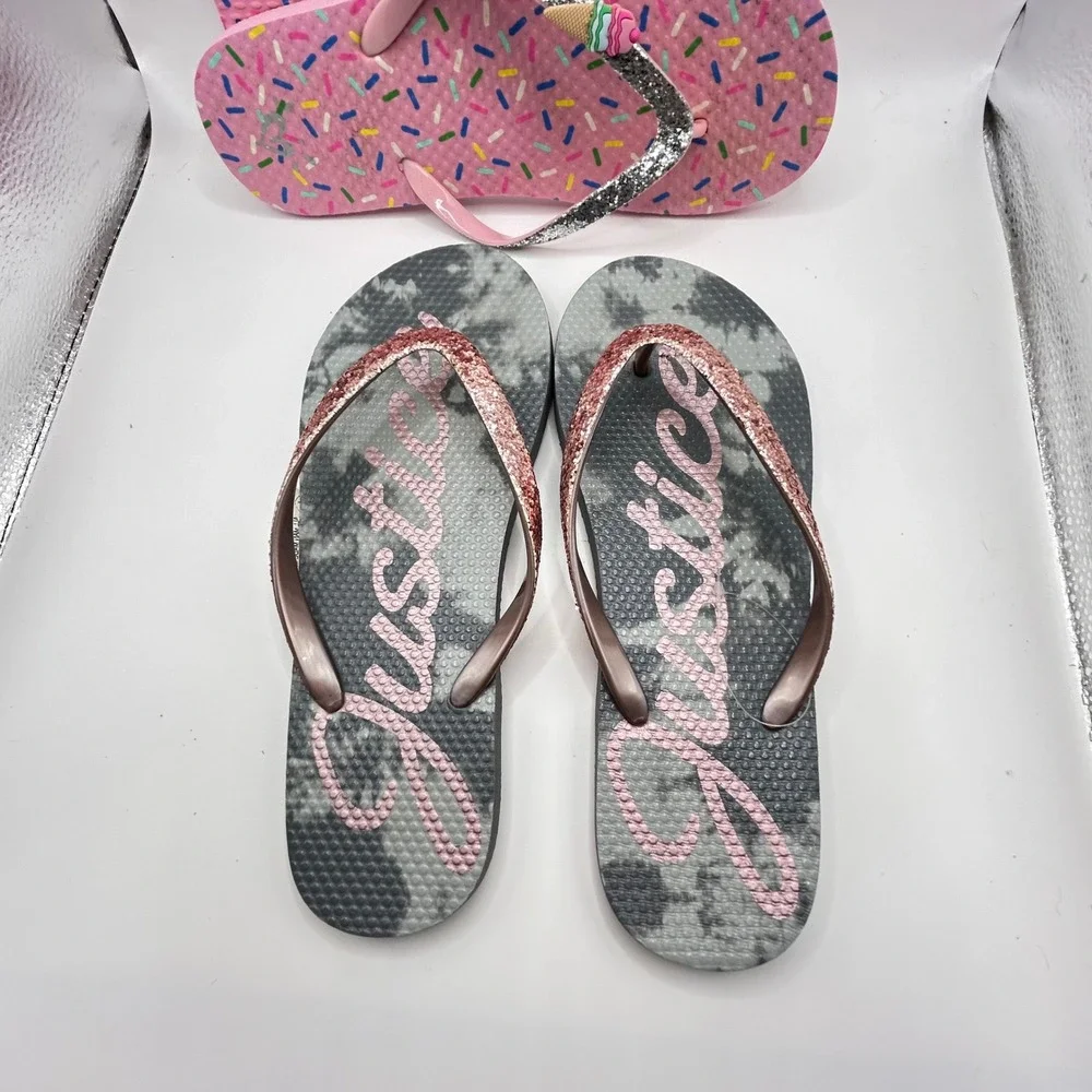 Justice‎ Girls Flip Flop Bundle Pink Sprinkles Grey Tie Dye Glitter Size 6-7